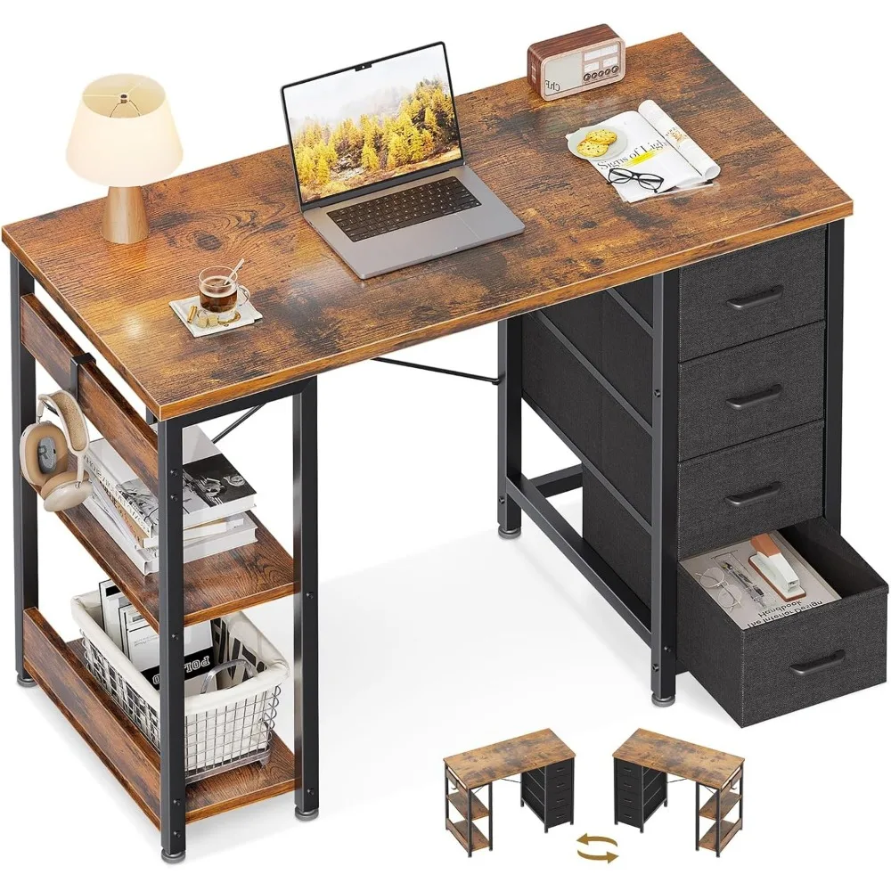 

40-дюймовый небольшой компьютерный стол с 4 тканевыми ящиками, современный письменный стол для ПК для небольших помещений, учебы и домашнего офиса со штатами