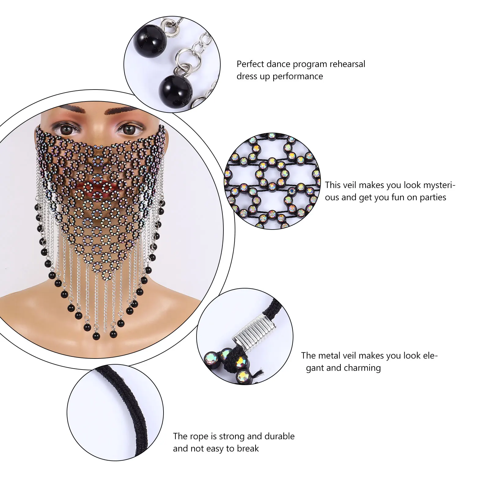

Rhinestone Tassel Face Jewelry Metal Tribal Veil Mask for Women Dance Performance Party Accessories Reticulated Face Mask