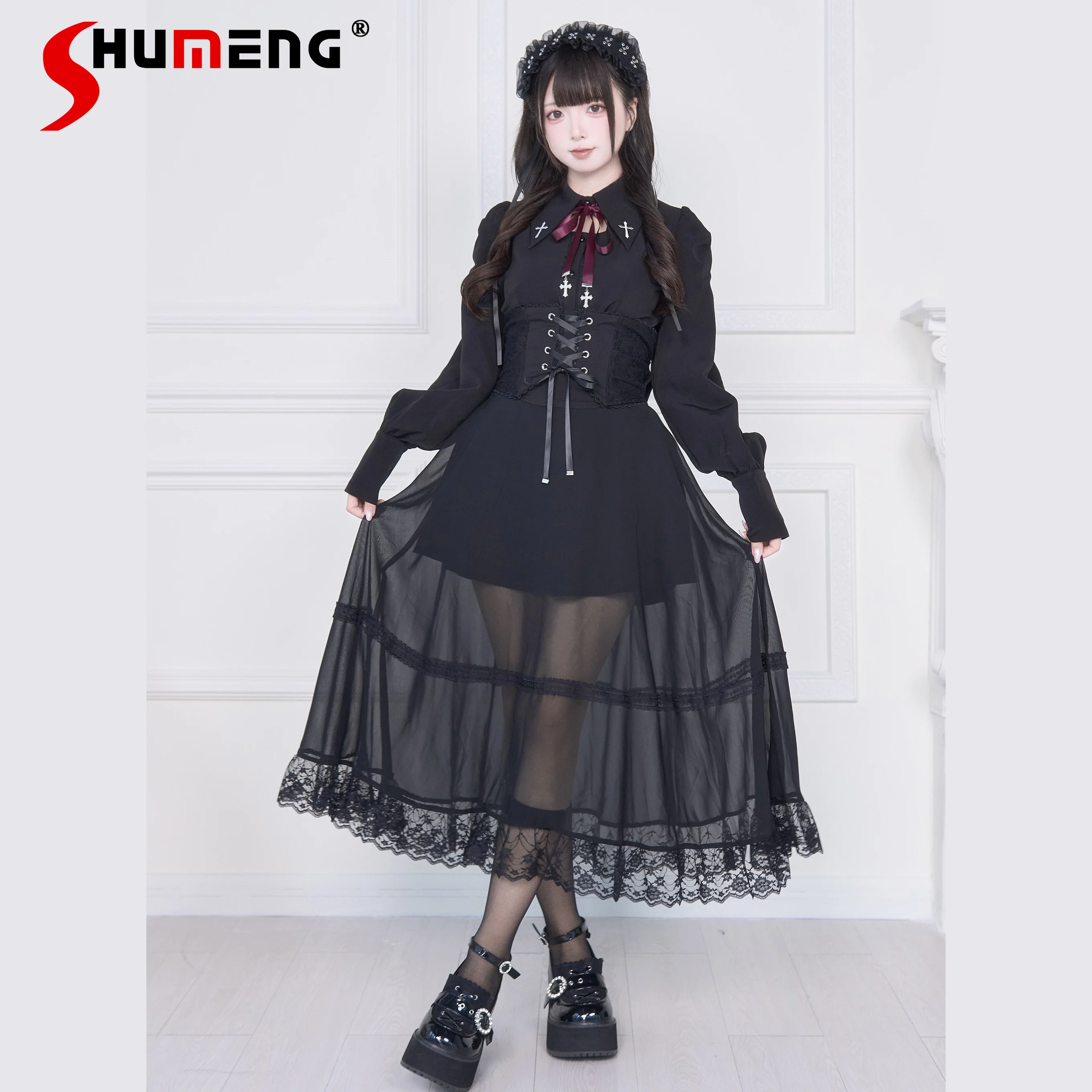 

Original Japanese Mine Style Mass-Produced Subculture Black Skirts High-Waist Lace-up Slim Fit Bow Mesh Spliced Long Skirt Women