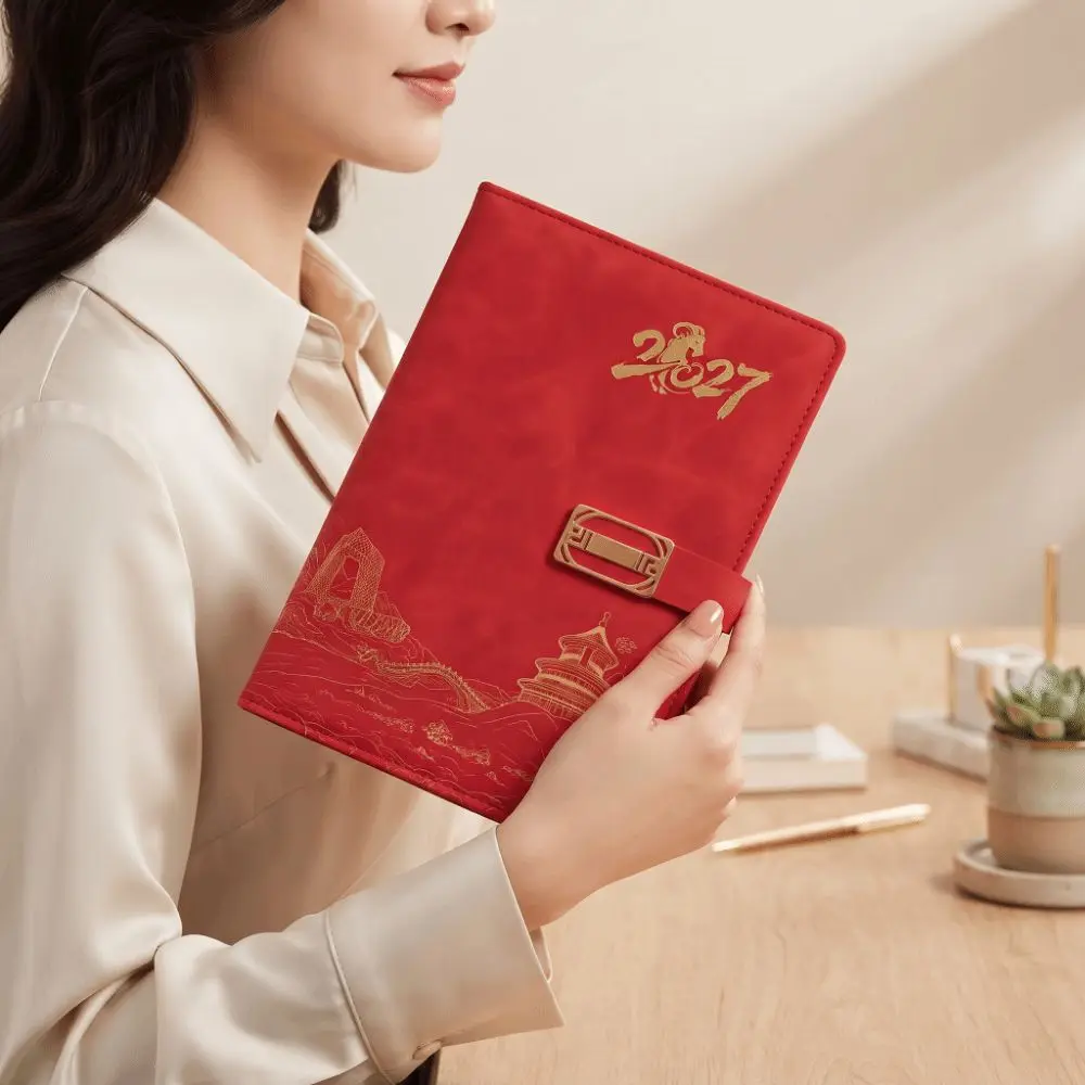 Thickened Paper 2027 Year Planner Faux Leather Multi Color Daily Agenda Book Ribbon Bookmark Stitch Binding A5 Business Notebook