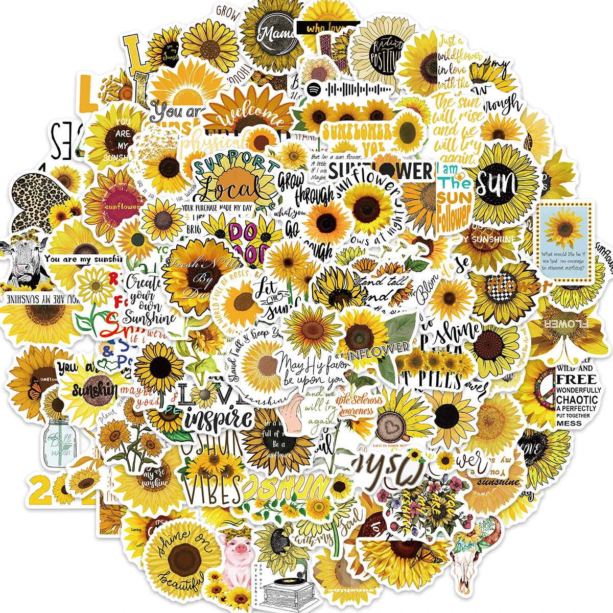 100pcs You Are My Sunshine Sunflower Cartoon Graffiti Stickers Laptop Phone Car Book DIY Cute Gift PVC Waterproof Stickers Pack