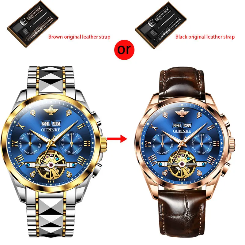 OUPINKE Original Automatic Mechanical Watch for Men Flywheel Design Tungsten steel Sapphire Mirror Luxury Brand Man Wristwatch