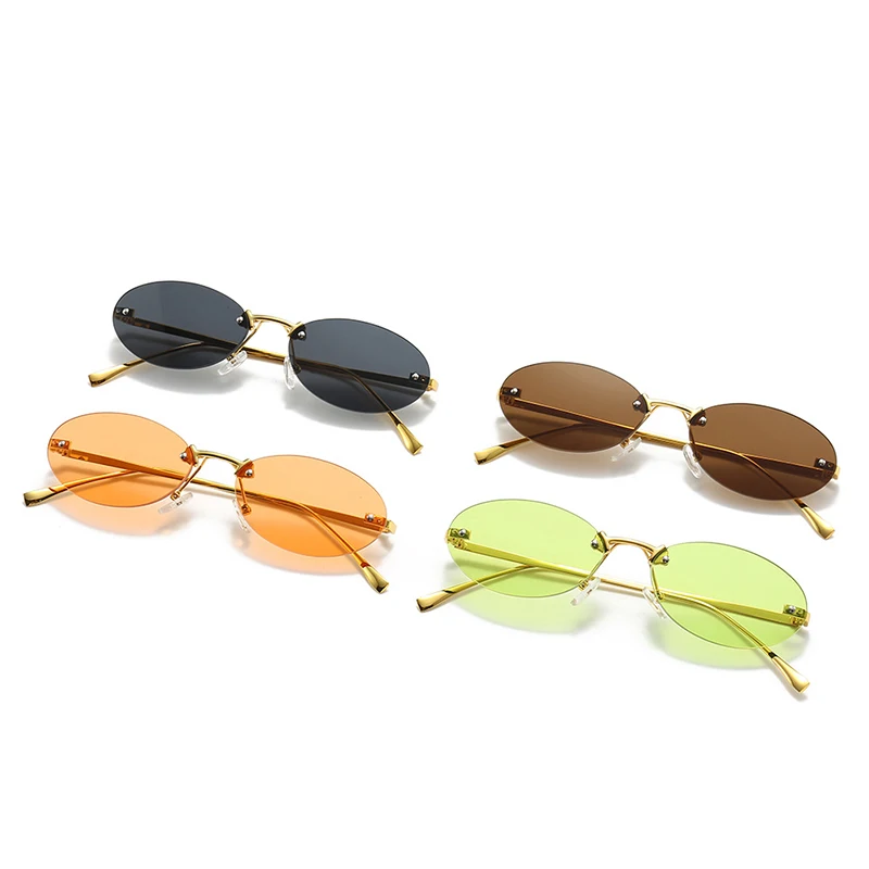 Rimless Oval Women\'s Sunglasses New Retro metal frame small Cat Eye Sun Glasses Men Shades Punk Driving Eyewear Glasses Female