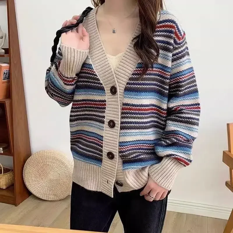 2023 Autumn and Winter Women\'s V-neck Button PatchworkStriped Loose Cardigan Fashion Casual Elegant Commuter Long Sleeve Tops