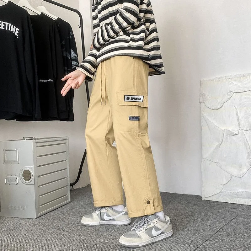 Spring Autumn Casual Print Patchwork Cotton Wide Leg Pants Man Loose Y2k Pocket Hip Hop Cargo Straight Male Trousers Streetwear