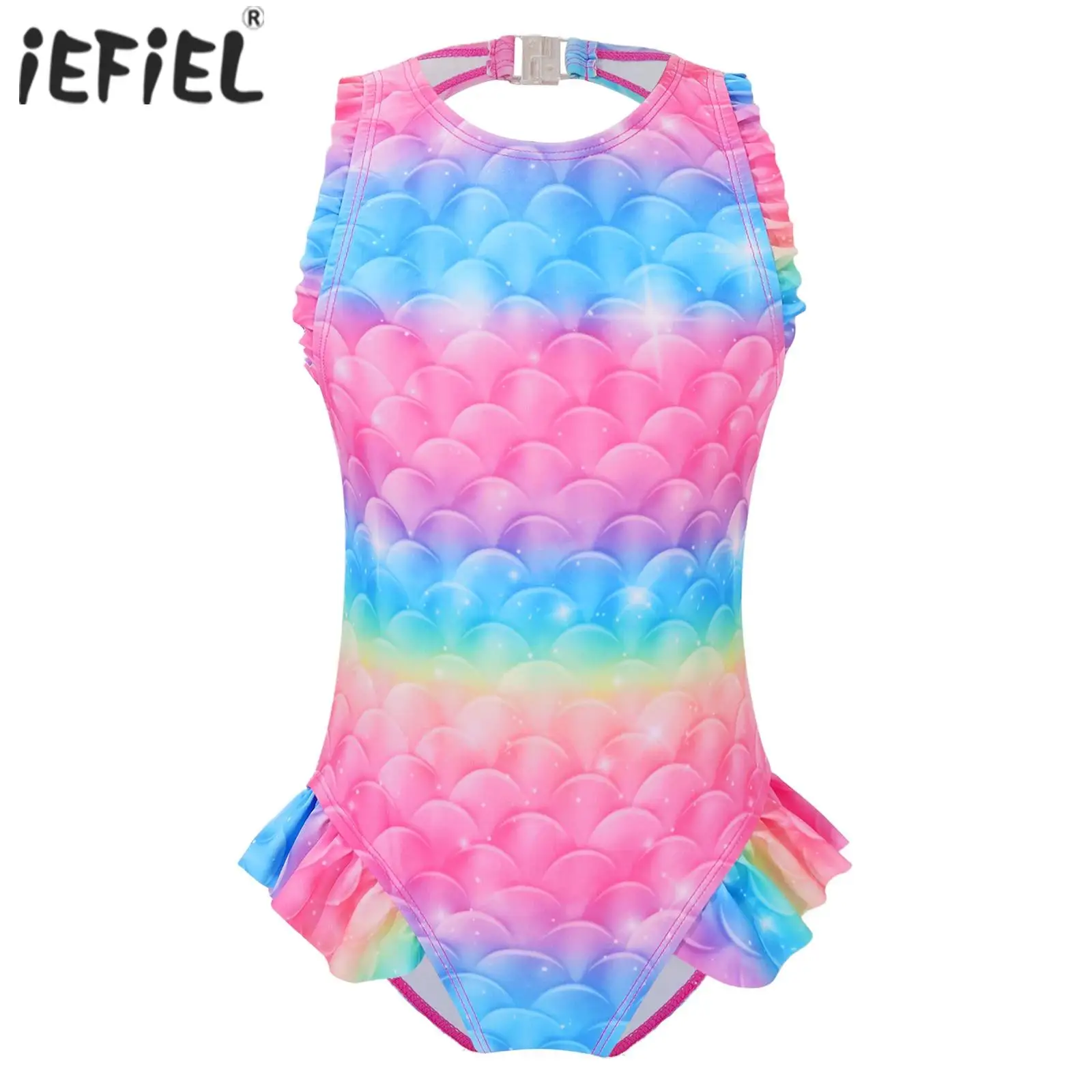 Kids Girls One-piece Swimsuit Swimwear Sleeveless Open Back Fish Scales Printed Ruffle Flounce Jumpsuit Mermaid Bathing Suit