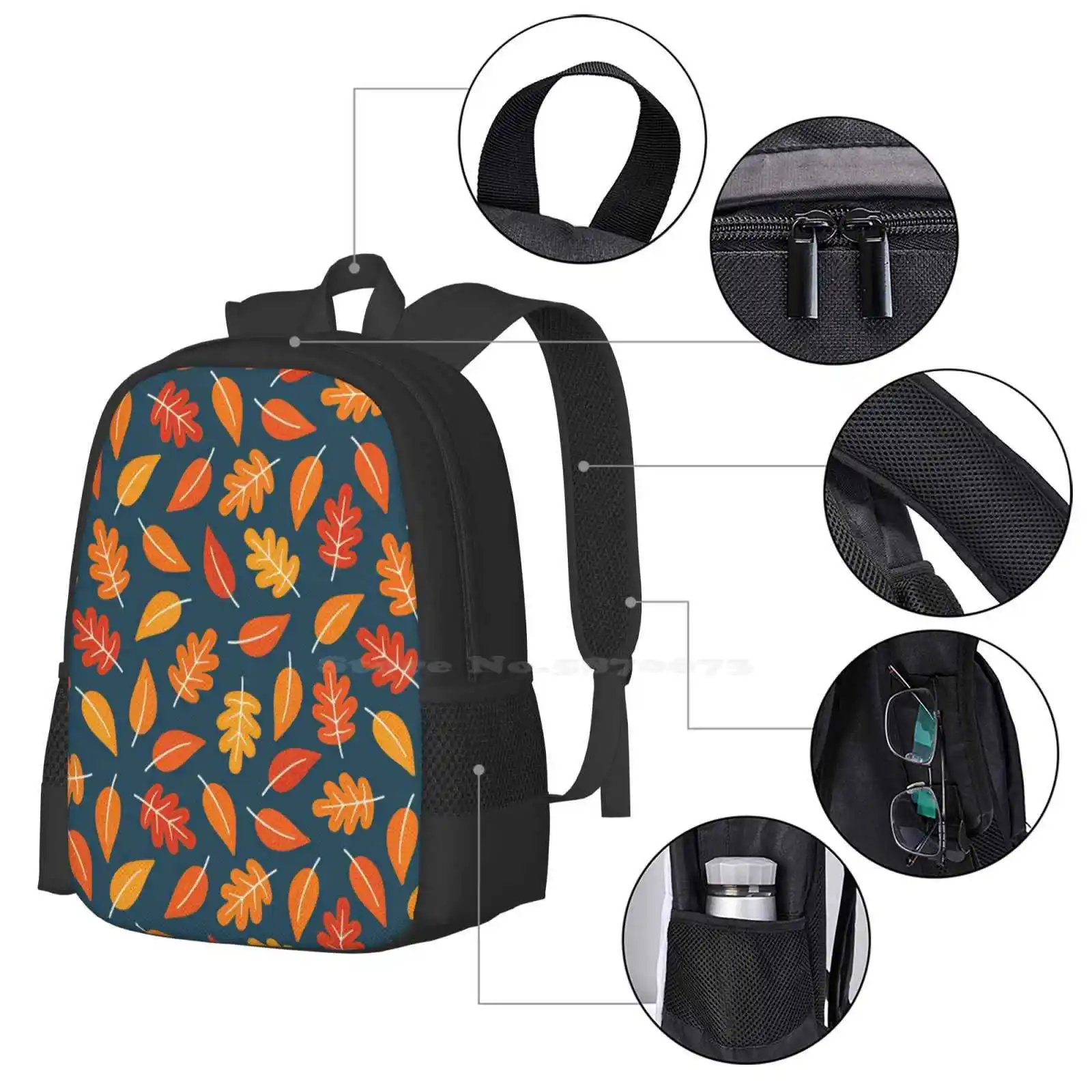 Retro Autumn Leaves On Indigo Blue New Arrivals Unisex Bags Student Bag Backpack Autumn Leaves Falling Harvest Festival Orange