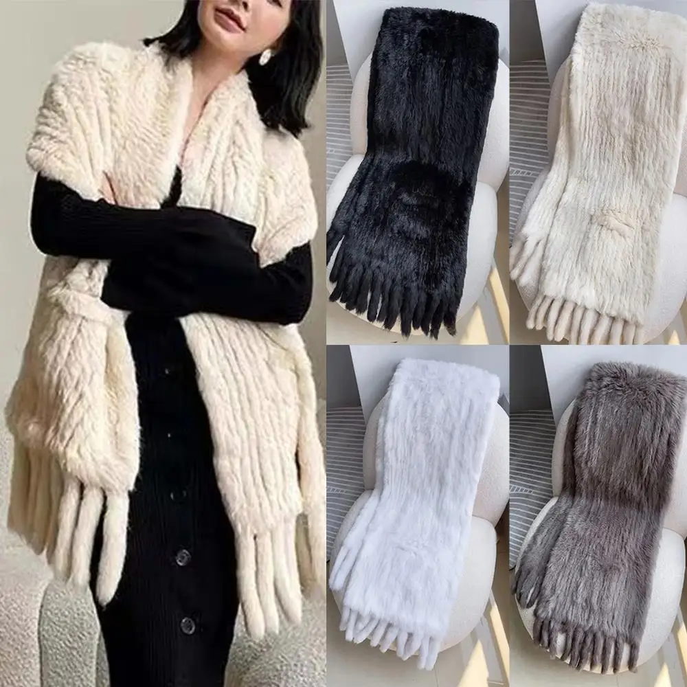 

Women Real Rabbit Fur Hand Knitted Fur Shawl Long Style Fringe Scarf Double Sided Real Fur Scarf Natural Fur Scarves Neck Warmer