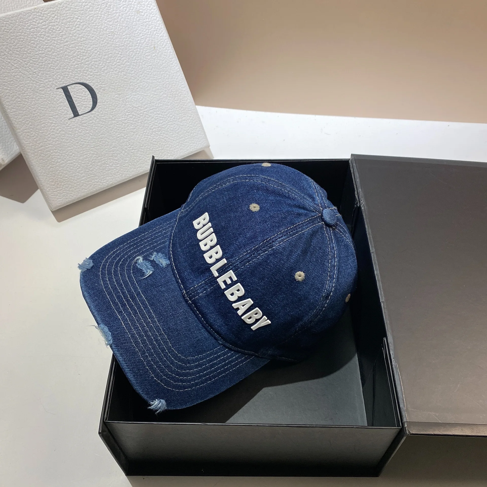 Spring and Summer New Broken Hole Denim Baseball Hat High Quality Silicone Letter BABY Men's and Women's Duck Tongue Hat