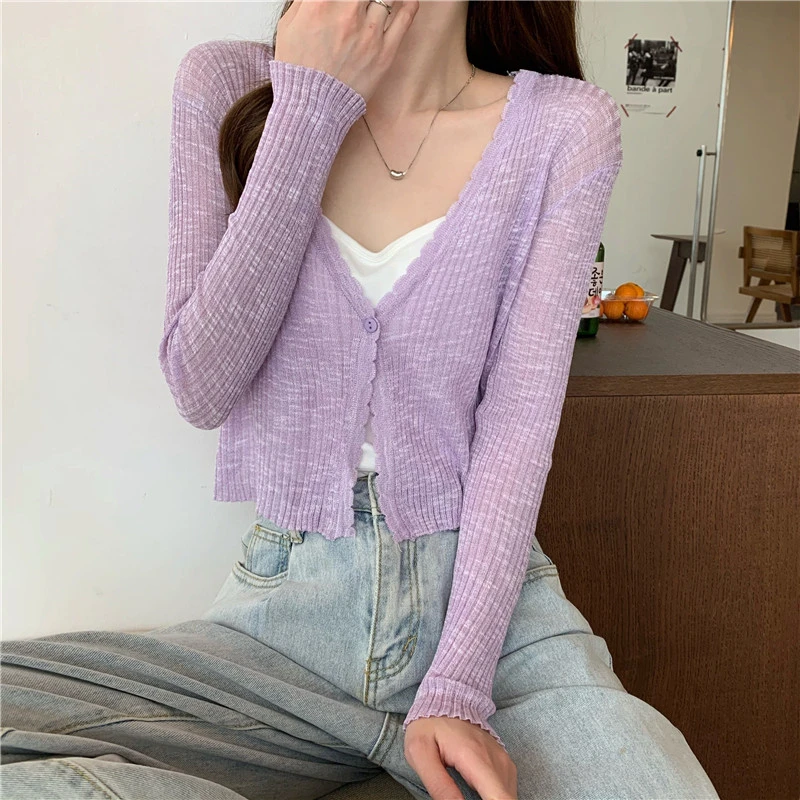 Sheer Ribbed Knit Cardigan with One Button Long Sleeve Crop Top Women Teen-girl Spring Summer Fairycore Outfit