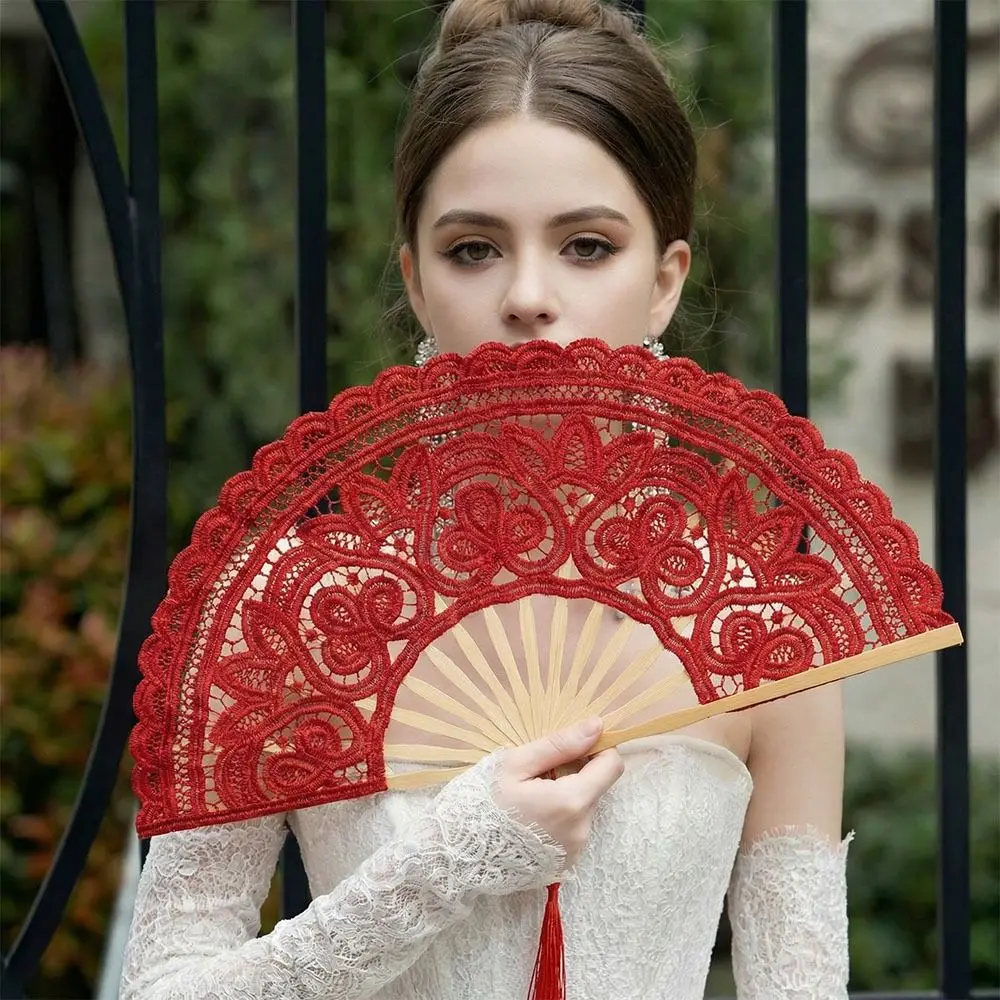 Lace Vintage Lace Hand Fan Tassel Pendant Handheld Embroidered Folding Fan Elegant Style 27cm Size Dance Handheld Fan