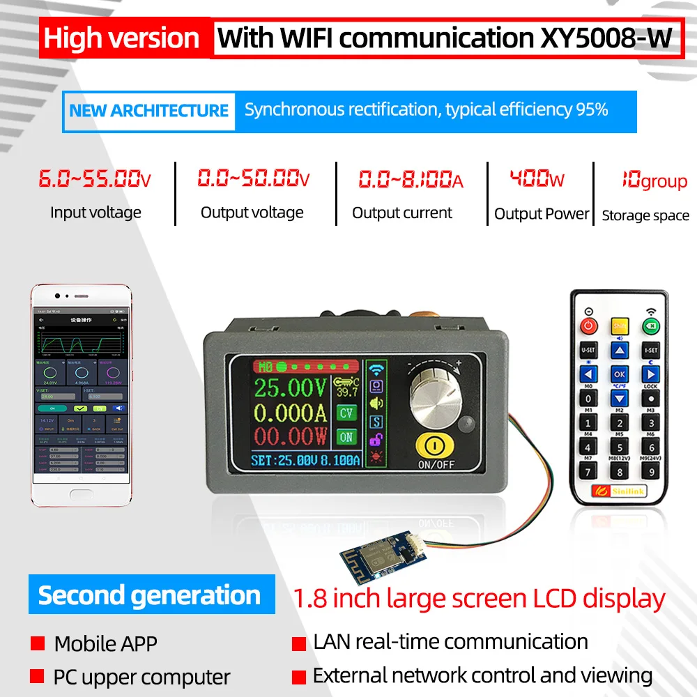 Sinilink XY5008 DC Buck Converter CC CV 0-50V 8A 400W Power Module Adjustable Regulated Power Supply Laboratory WIFF APP