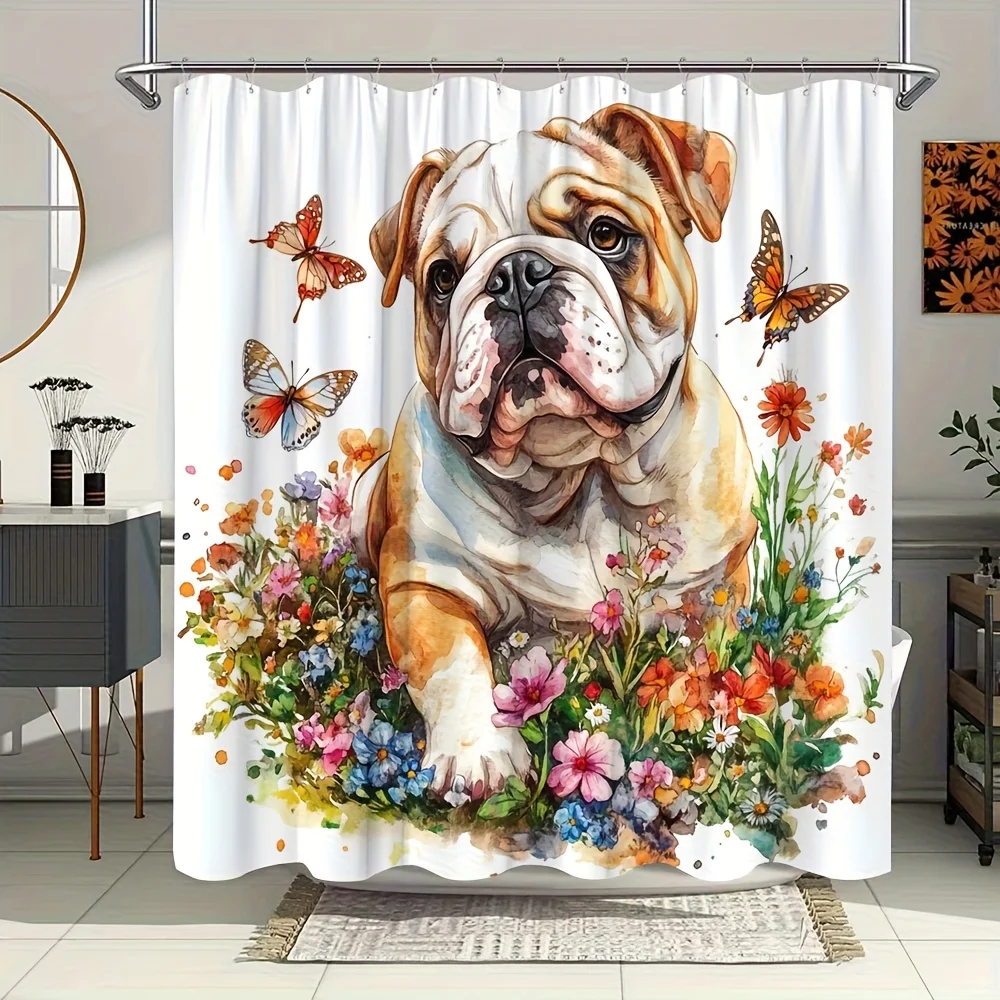 1pc English Bulldog Shower Curtain, Dreamy Watercolor Art, Colorful Garden and Butterflies, Includes 12 Hooks, 70.8x70.8 Inches