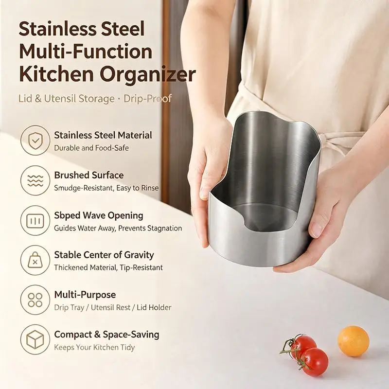 Stainless Steel Spoon Rest with Drip Tray Heavy Duty Vertical Utensil Holder for Ladle Spatula and Pot Lid Set Accessory