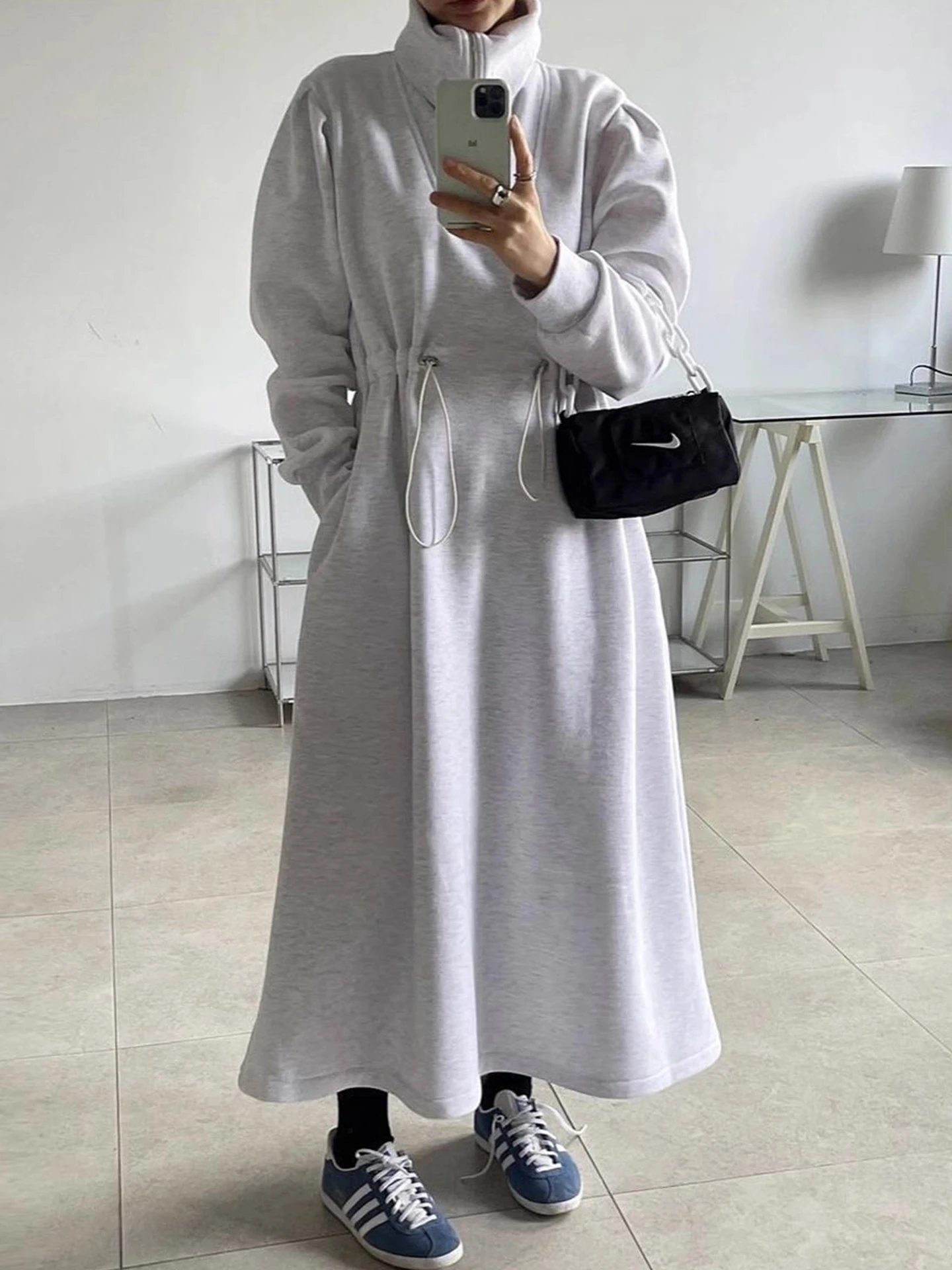 Anti-Aging Ele Collared f-Zip Dstring Hoodie Dr Damen Winter Schlankheits Langer Rock Hohe Taille Pendeln Sle