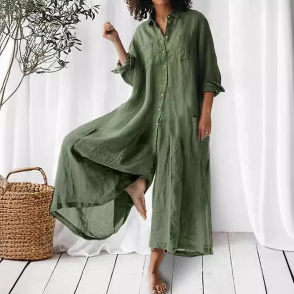 Cotton Linen Wide Leg Pants Women\'s Jumpsuits Casual Long Sleeve Solid Color Button Loose Jumpsuit For Women 2024 Spring Summer