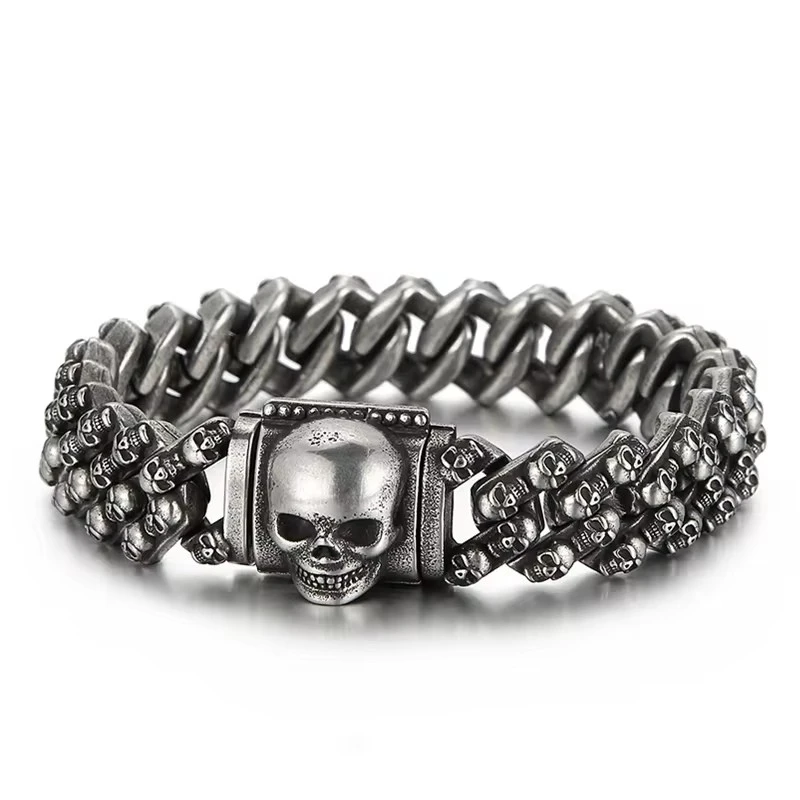 316L Skull Bracelet Stainless Steel Vintage Cuban Curb Chain Bracelet Men Unique Street Party Jewelry