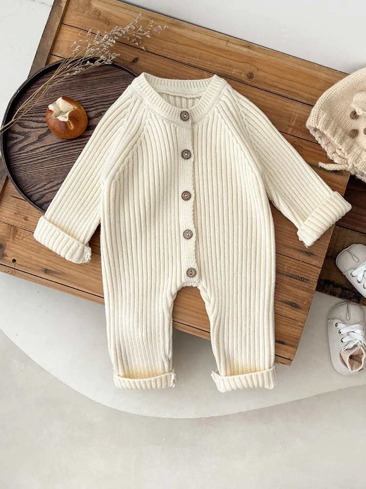 Customized Name Solid Knitting Cotton Long Sleeve Outfit Toddler Baby Boys Girl Romper Spring Autumn Newborn Baby Girls Jumpsuit