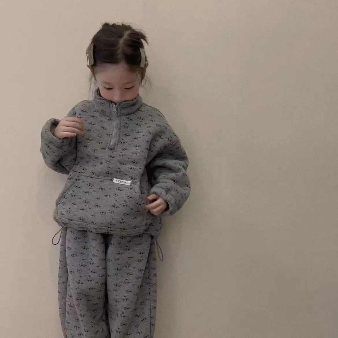 

Kids Baby Boy Two-piece Set New Winter Floral Patterns Thicken Warm Stand Up Collar Toddler Girls Sweatshirt+infant Boys Pant