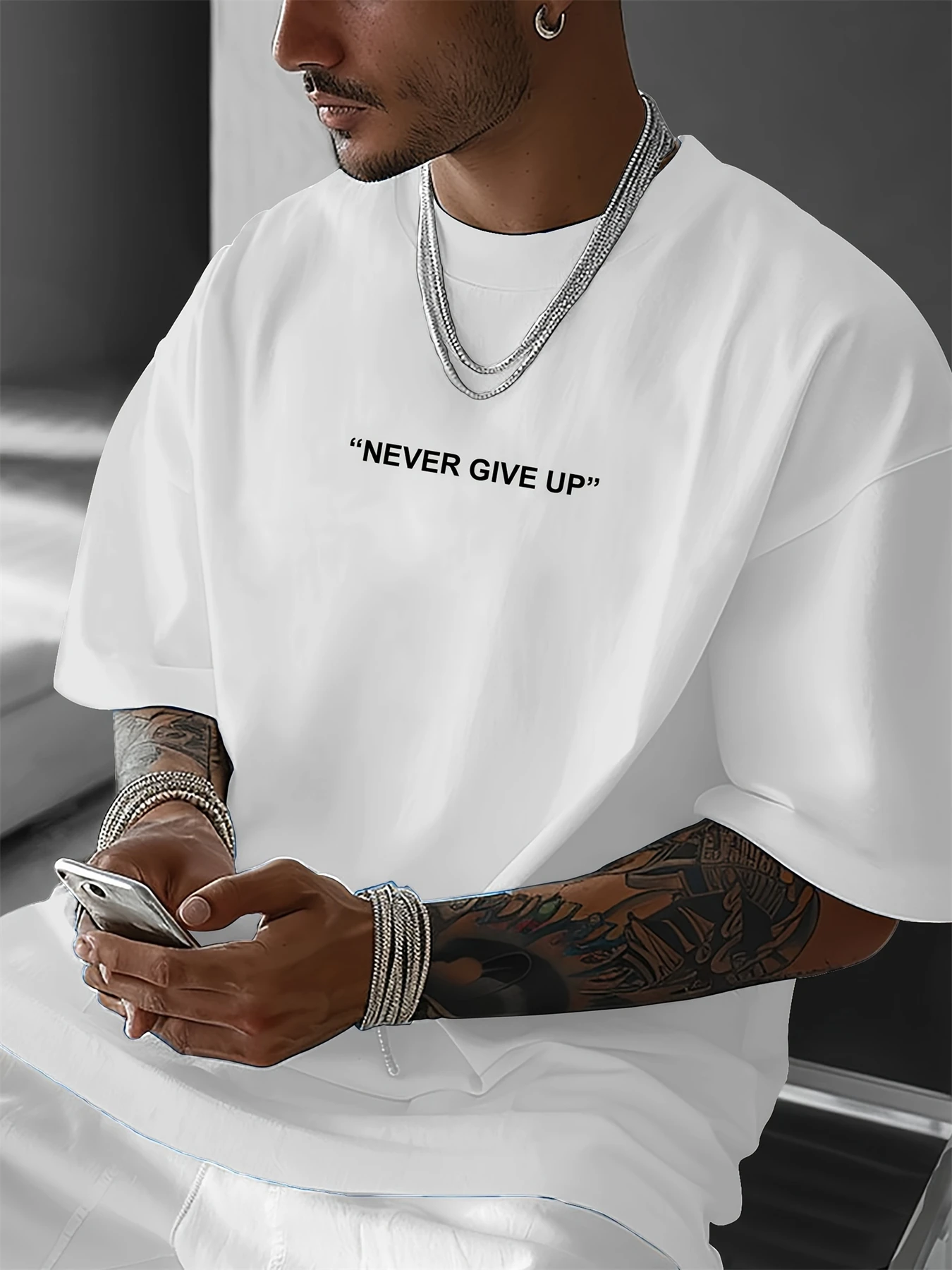 Men's summer 100 cotton fashionable casual loose plus size never give up graphic printed sports round neck short sleeved T-shirt image 5