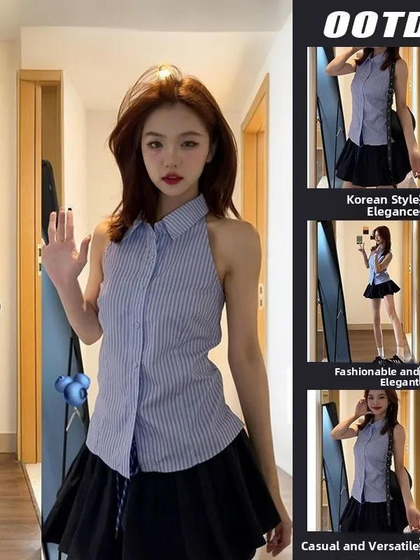 

Elegant Belted Striped Shirt Collar Vest Women's Fashion Slimming Summer New Style Korean Style Inner Wear Regular Fit