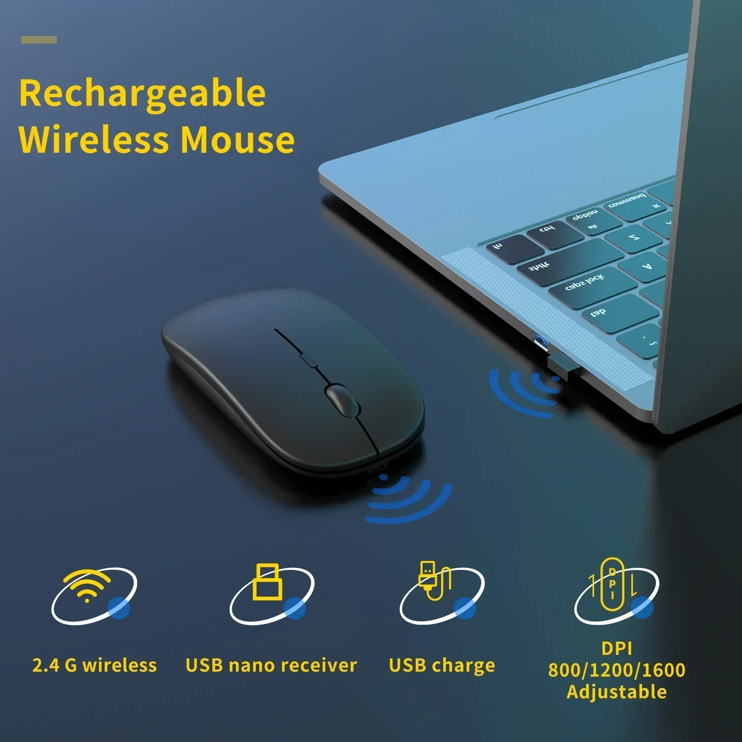 Anmck-Mouse Gaming Recarregável Sem Fio, Silencioso, Mini Mice para Laptops, Gamer de Computador, Casa, Negócios, Escritório, Casa, 1600 DPI, 2.4G