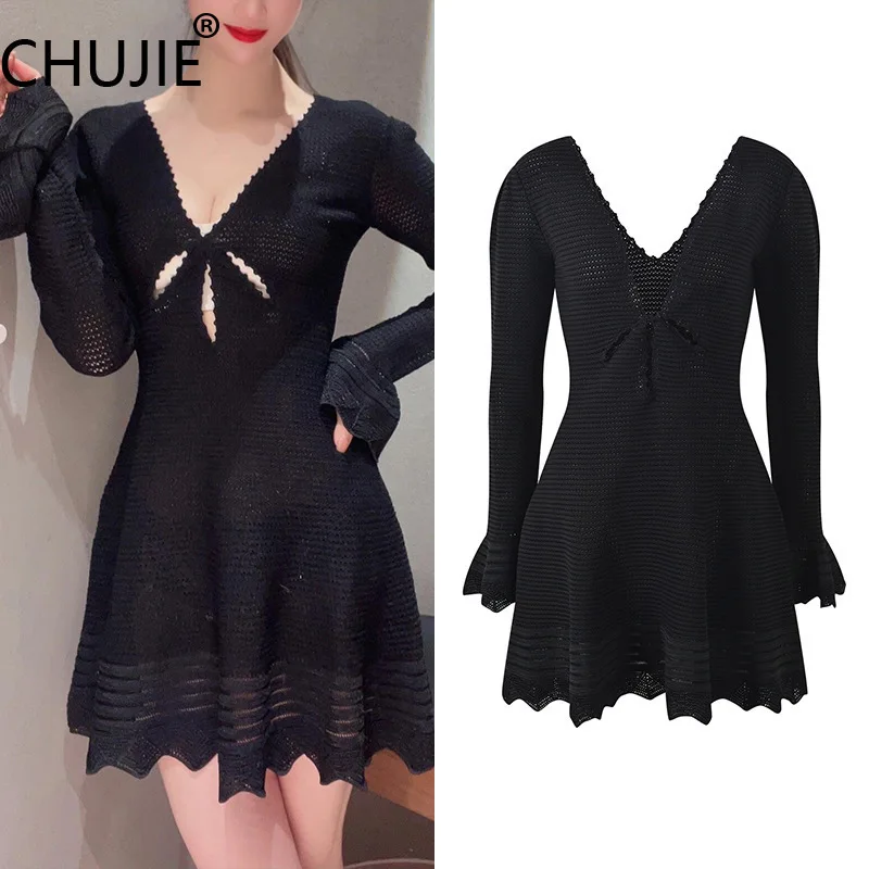 

CHUJIE Women's Dress 2025 Spring/Summer New Design Sense Hollow Out Twisted Flower Horn Sleeve Fashion Slimming Knitted Dress
