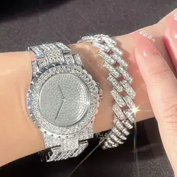 Relógios de luxo com gelados para mulheres, strass completo, pulseira de corrente cubana, relógio de pulso dourado e prateado