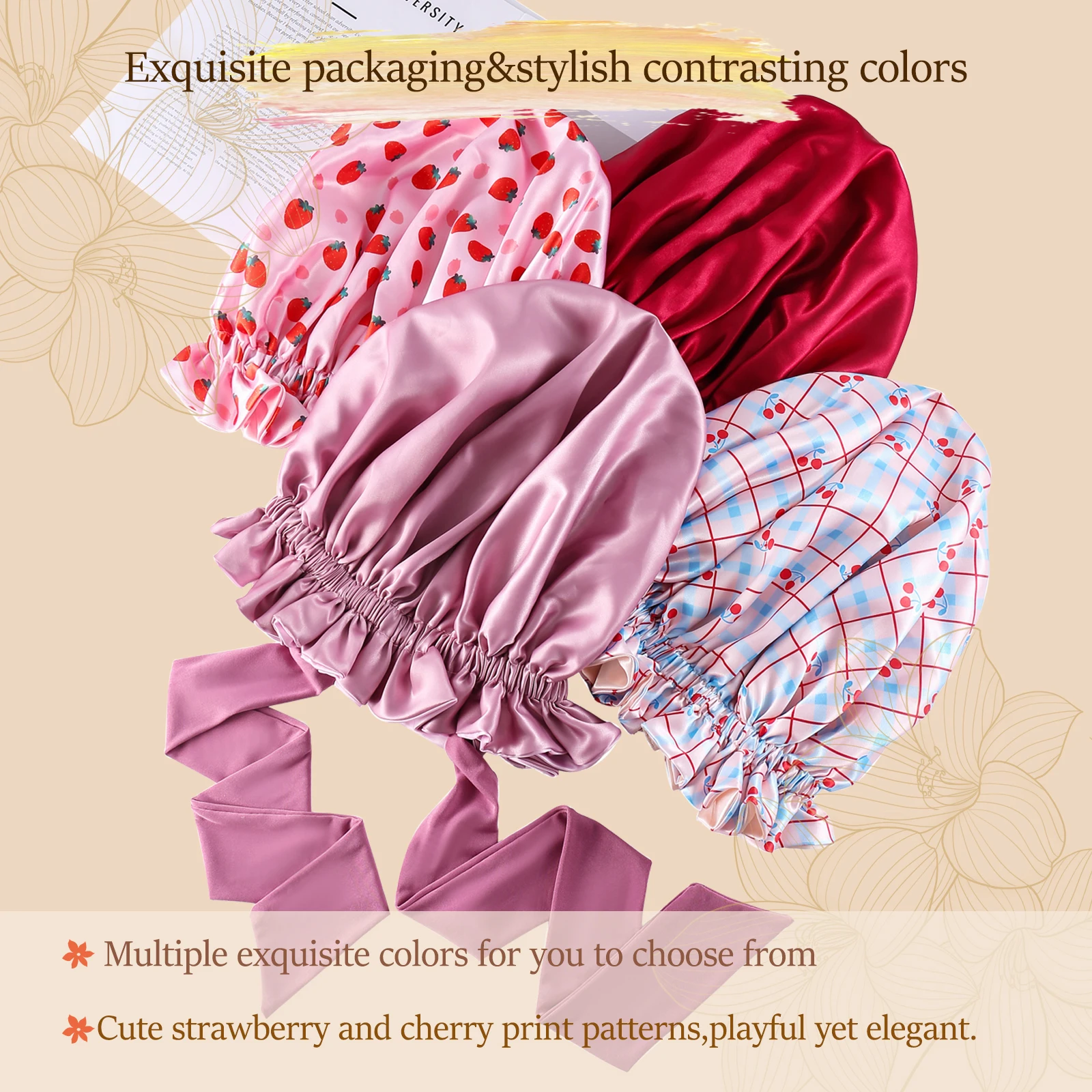 1 Set Silk Bonnet for Sleeping Women, Printing Satin Hair Shower Cap Tie Band Adjustable Straps Head Wrap for Curly Hair
