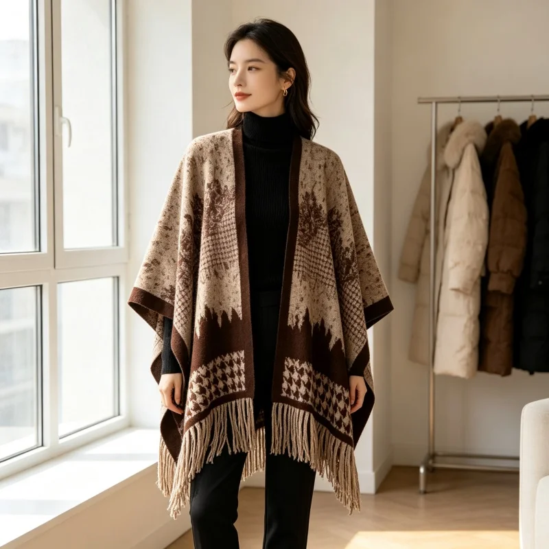 Retro Ink Painting Shawl Jacket Scarf Women Luxury Autumn Winter Thickened Warm Tops Outside The High-level Sense Tassel Cape