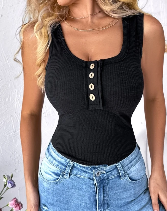 

Top Women 2024 Summer Fashion Button Down Scoop Neck Summer Casual Plain Sleeveless Skinny Daily Basics Tank Top