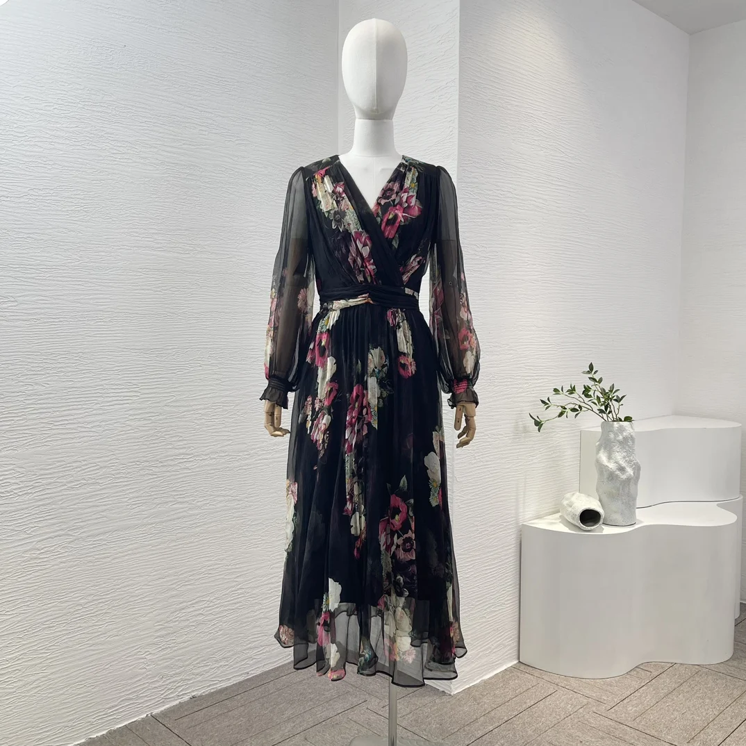 

2024 New High Qulaity Original Spring Summer Casual Black Flowers Print Long Sleeve V Neck Silk Midi Dress for Women