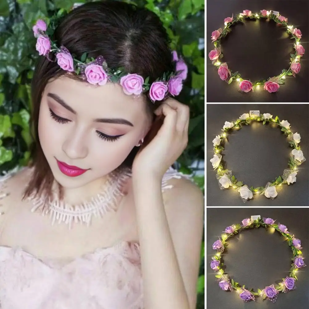 Romantic Glowing Wreath LED Light Rose Flowers Hairband Headpiece Wedding Party Girl Birthday Favor Luminous Hair Garland