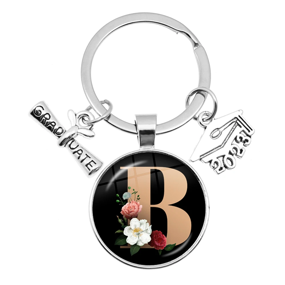 A-Z English Letter Key Chain Glass Pendant Graduation Season Bachelor Hat Gift Jewelry