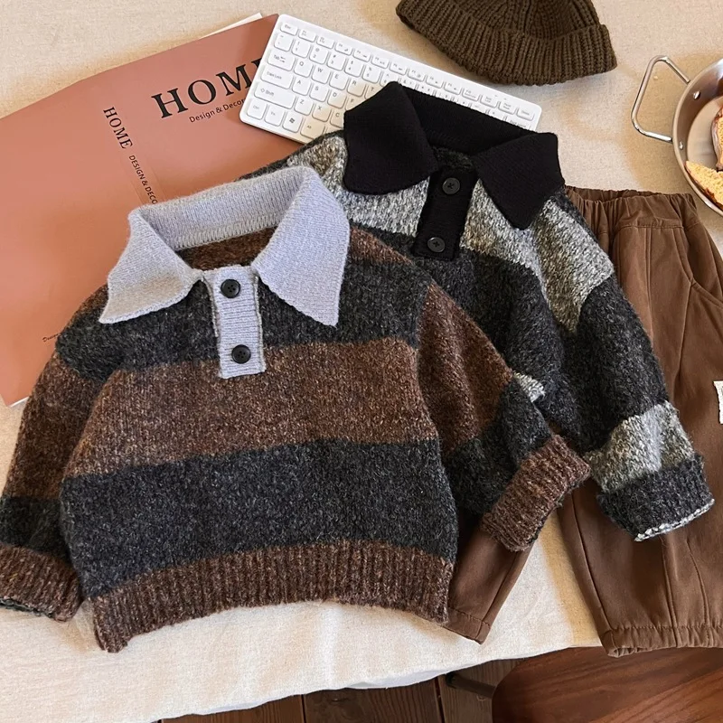 

Children's wear winter 2023 edition children sweater polo brought the baby to knit stripe boy render unlined upper garment