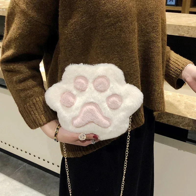 2024 Cat Paw Small Women Handbags Soft Plush Ladies Chain Shoulder Bag Faux Fur Fashion Female Furry Daily Clutch Purse