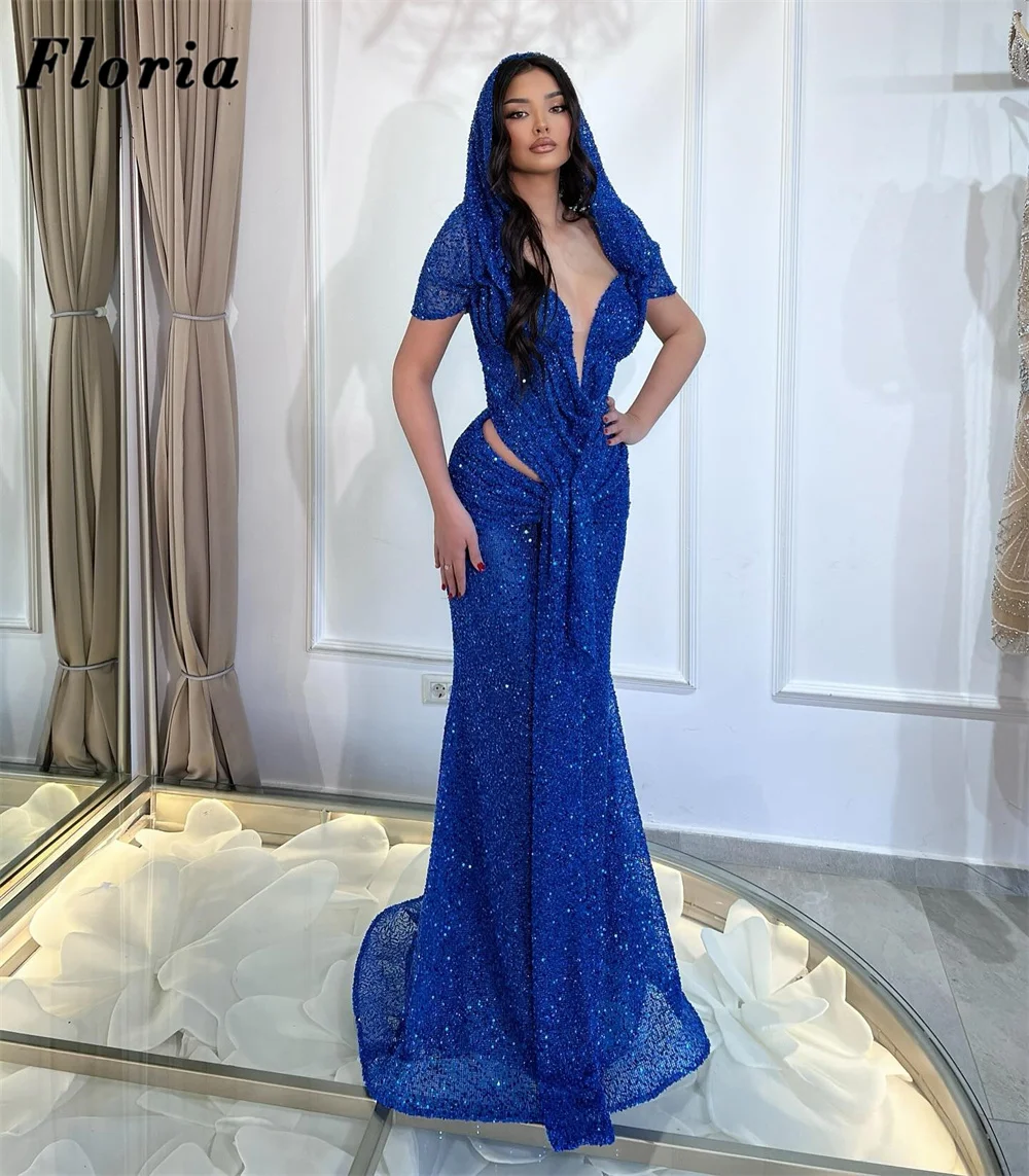 Elegant Blue Sequins Evening Dresses Plus Size Off Shoulder Cut Out Cocktail Party Dress Beaded Engagement Dress Customized 2025