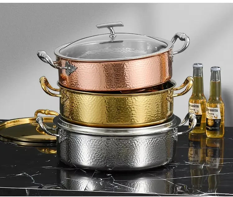 Italian manual hammer printing pot 3-layer steel clear soup pot Commercial double flavor 304 stainless steel thick hot pot