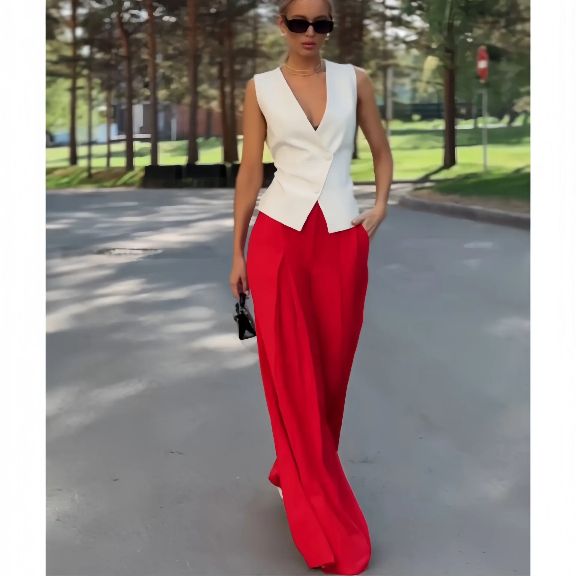 

Women Pant Sets Streetwear Two Piece Sets Vest Sleeveless Y2k Tops V Neck Shirt Zipper Fly High Waist Wide Leg Pants Suits