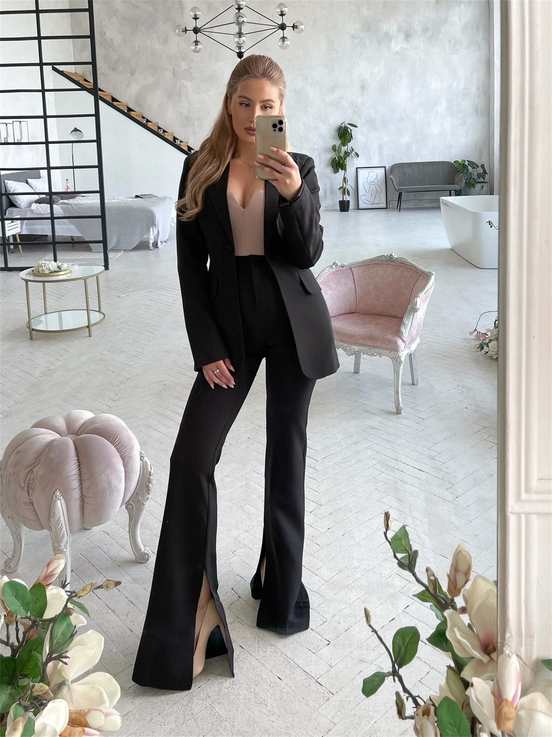 Vintage Black Women Pants Suits 2 Pieces Blazer & Slit Pants Customized Wedding Guest Suits Evening Party Prom Outfit