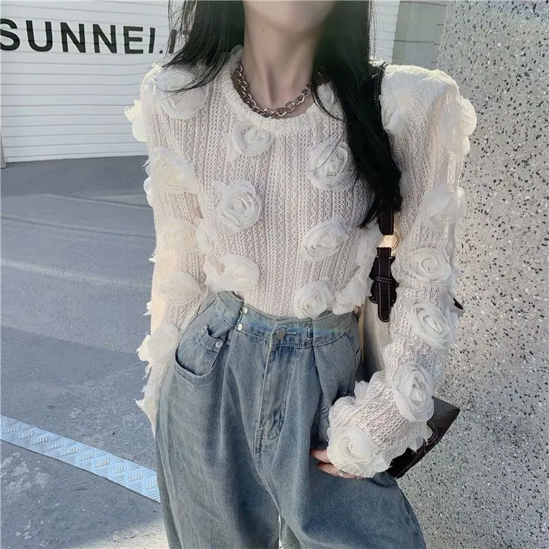 2024 New Lace Slim Hollow Out Long Sleeve Bottom Top Spring Autumn O-Neck Fashion Crop Top Tee All-match Trend Tshirt Pullovers