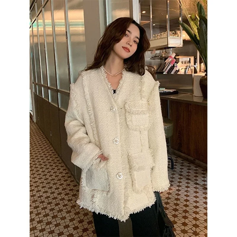 Simple Spring And Autumn New Loose Fashion Korean Tweed V-Neck Long Sleeve Tassel Loose Temperament Small Fragrance Coat Woman