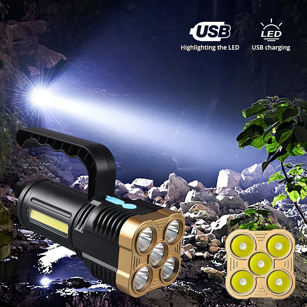 Outdoor 5LED Flashlight USB Rechargeable Portable Camping Waterproof Emergency For Field Tool Lighting Strong Bright Night Lamps