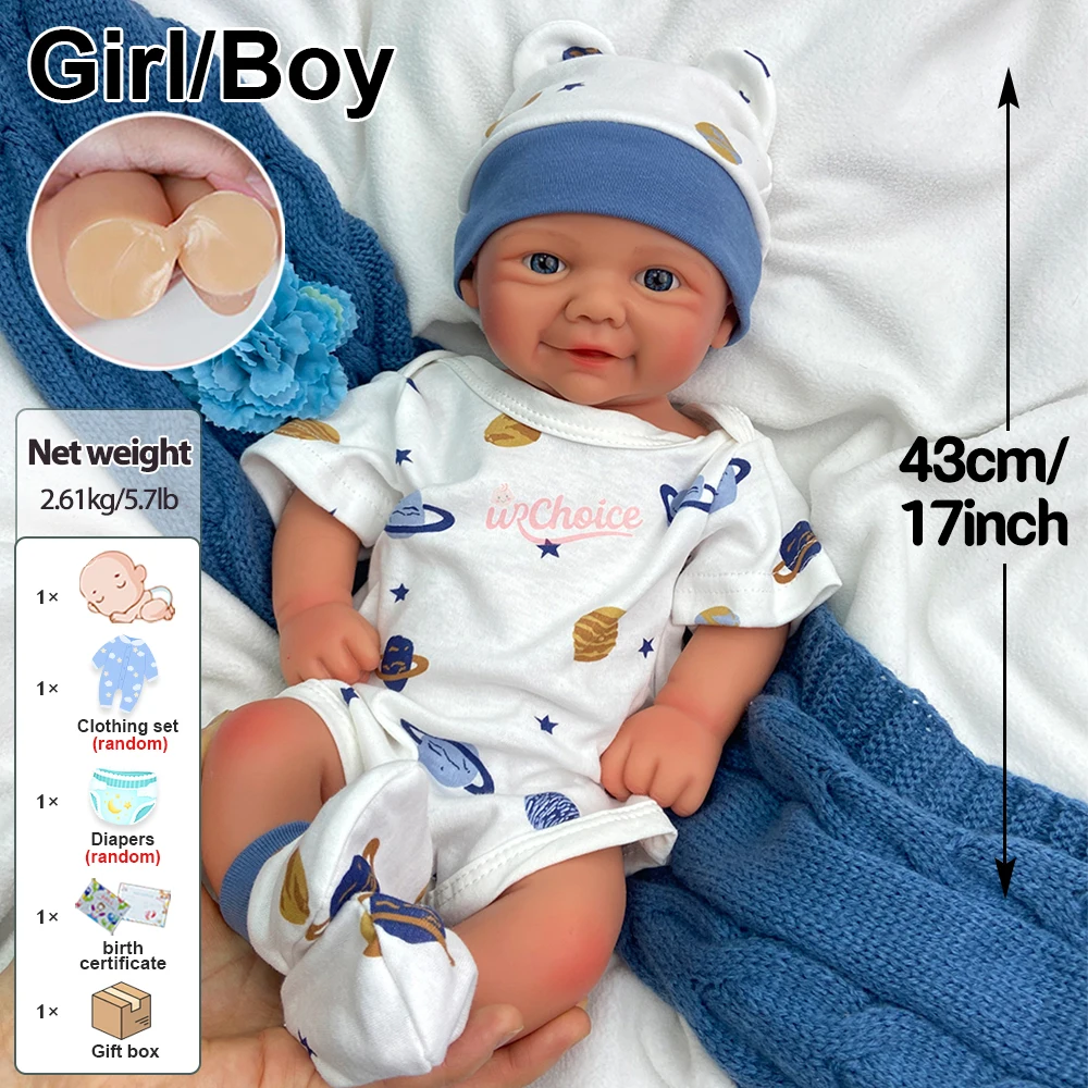 Realistyczna lalka reborn dla dziewczynki, 43 cm, silikonowa, ręcznie robiona, miękkie niebieskie oczy, urocza lalka odrodzona, idealna na prezent dla kolekcjonera.