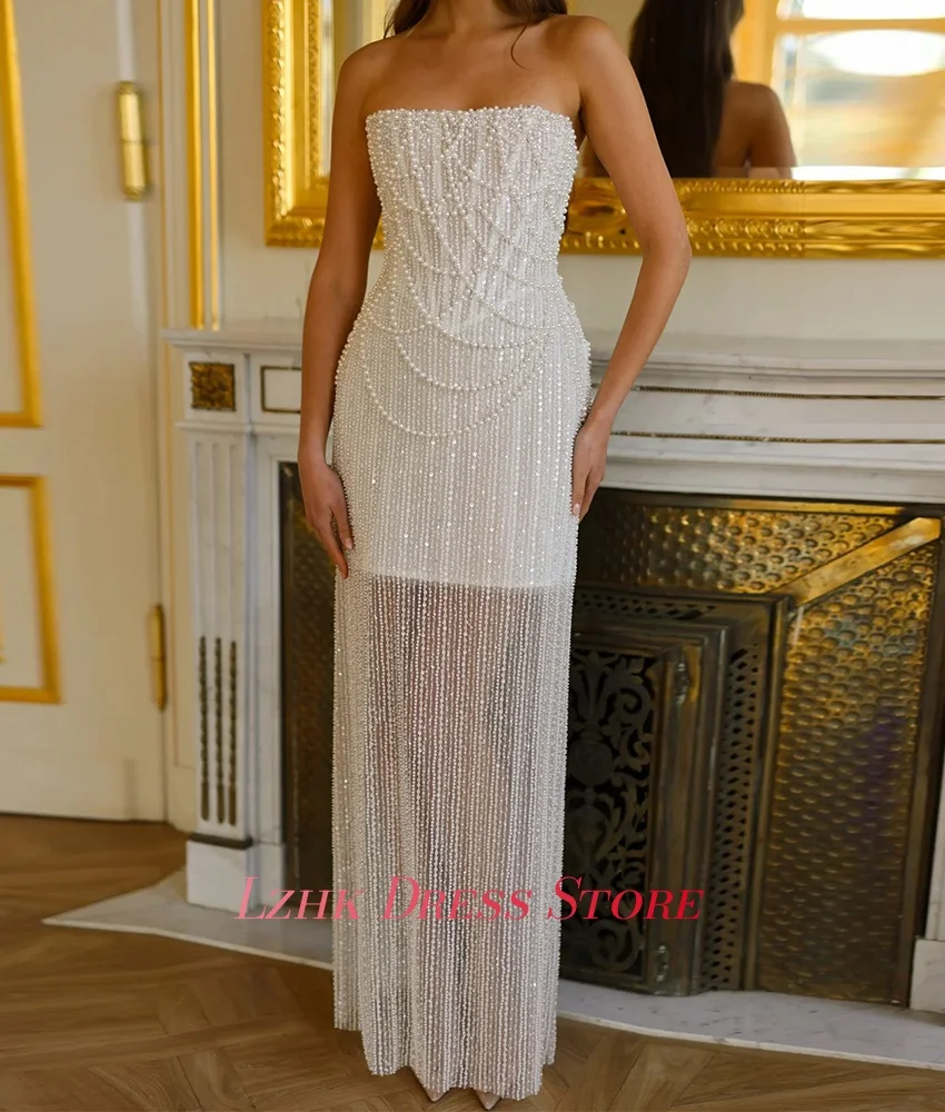 Maßgeschneidertes Luxus-Abendkleid mit Pailletten, Perlen und Kristallen, gerades Abendkleid, hochwertiges, trägerloses, ärmelloses After-Party-Kleid