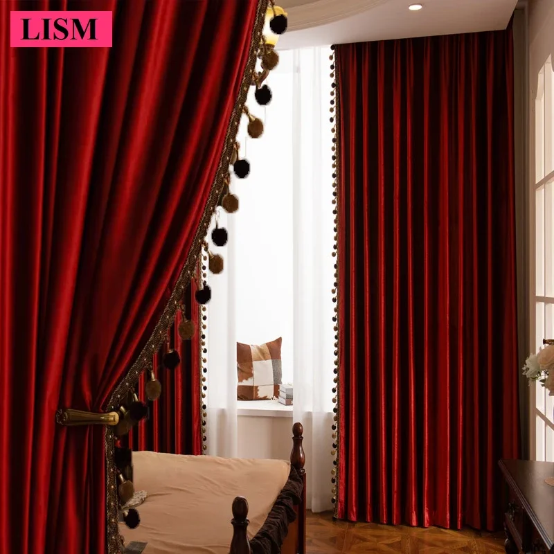 Custom Size European Luxury Retro Wine Red Glossy Velvet Curtains for Living Room Bedroom Window Blackout Decor White Tulle