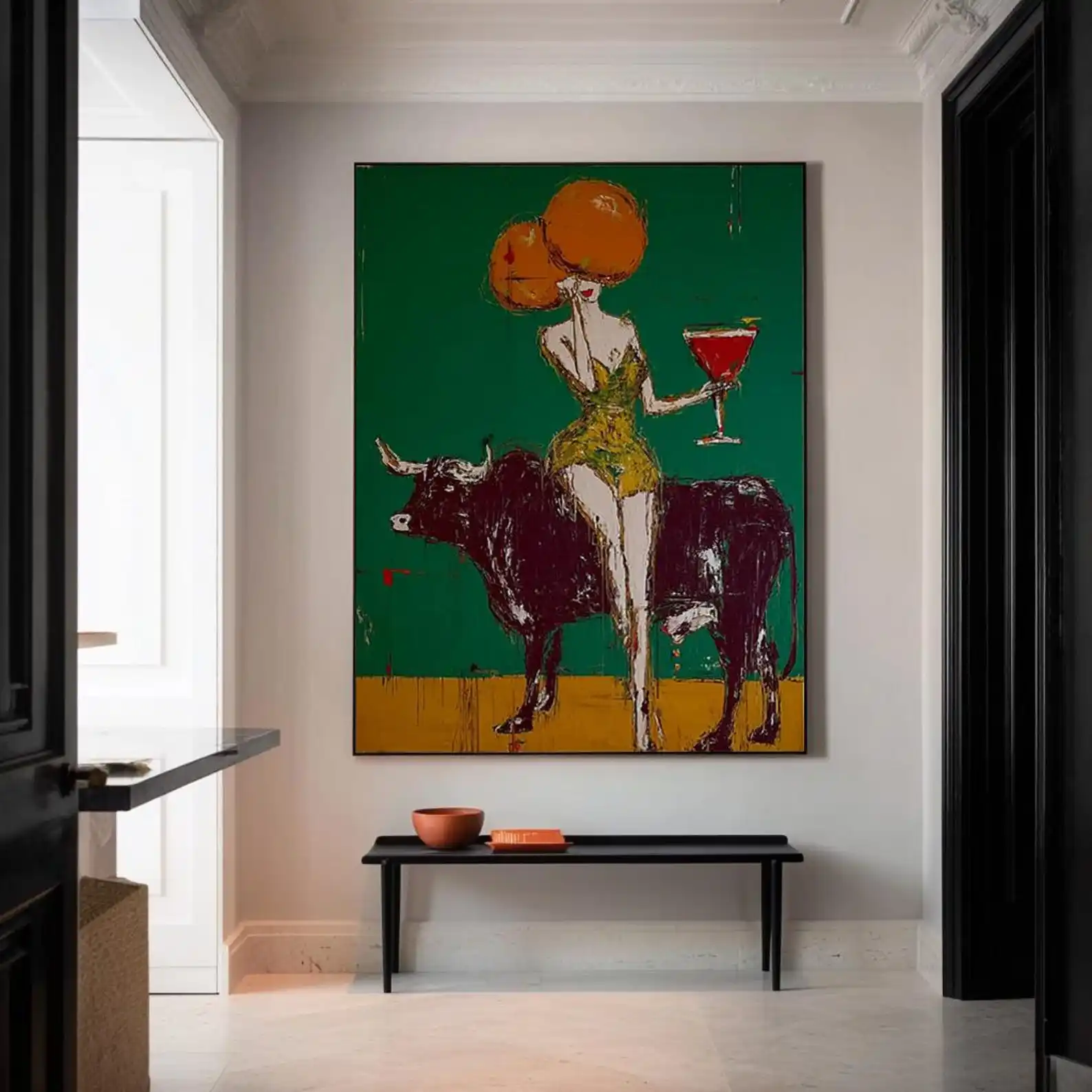 Mhemyo Abstract Woman Bull Hand Painted Painting Modern Expressionist Wine Lady Artwork on Canvas Bold Green Wall Art Home Decor
