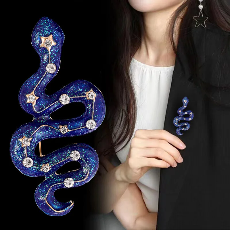 Elegant rhinestone snake brooch, vintage and unique zodiac animal emblem, neutral clothing accessories