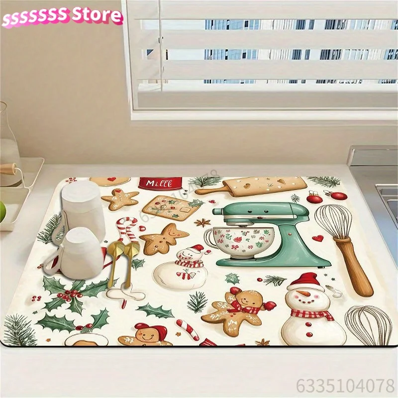 Christmas-Themed Dish Drying Mat Featuring a Gingerbread Man Design, Ideal for Kitchen Countertops. It Is Heat Resistant, Easy
