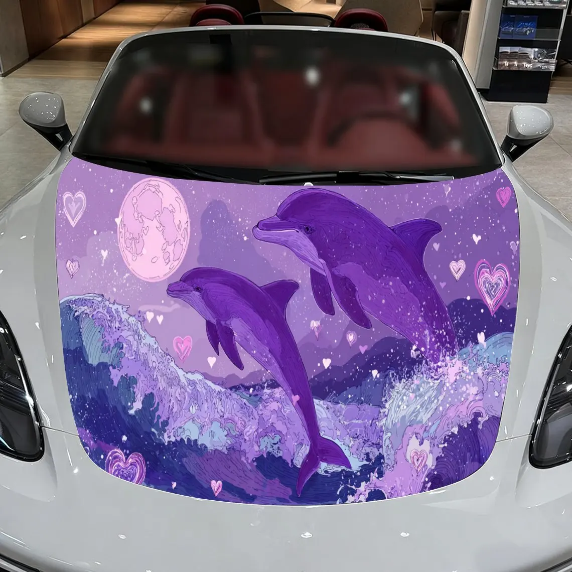 Purple Dolphin Love Brave Adventure PVC Car Hood Wraps, Self-Adhesive Waterproof Car Bonnet Decal Sticker, Car Decoration Protec view 3